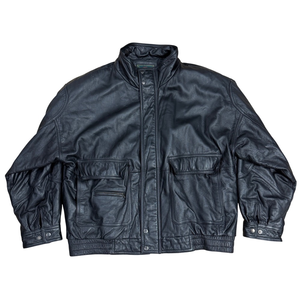 Members Only Vintage Black Leather Bomber Jacket Mens XL Heavyweight Full Zip